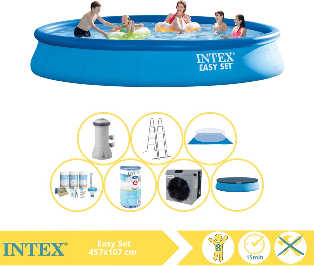 Intex Easy Set Zwembad - Opblaaszwembad - 457x107 cm - Inclusief Onderhoudspakket, Filter en Warmtepomp CP