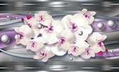 Fotobehang - Vlies Behang - Orchideeën op Zilveren Patroon - 208 x 146 cm