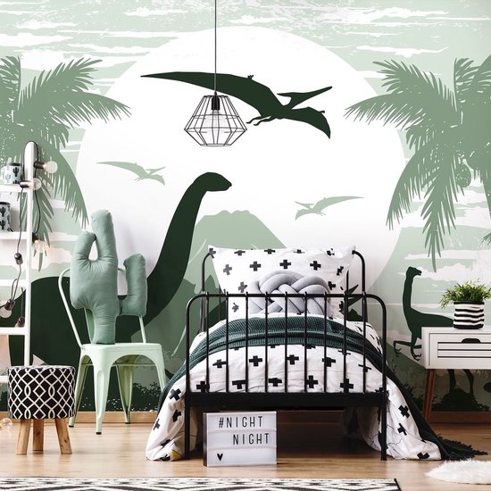 Papier peint photo Peint Intissé - Dinosaures Verts - Dino's - 208 x 146 cm