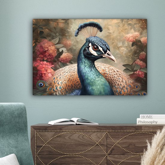 Peinture sur toile 90x60 cm - Décoration murale Paon - Vogel - Fleurs - Plantes - Plumes de paon - Décoration murale murale salon - Décoration chambre - Accessoires de chambre - Peintures