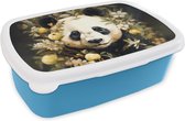 Broodtrommel Blauw - Lunchbox - Brooddoos - Panda - Pandabeer - Wilde dieren - Natuur - Bloemen - 18x12x6 cm - Kinderen - Jongen