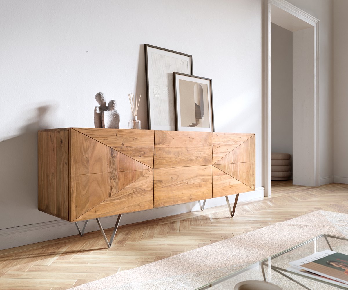 Commode Wyatt acacia natuur 175 cm met 3-deurs roestvrij stalen design sideboard