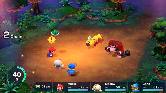 Mario, Mallow, Geno en een gevecht met een gele rups en Donkey Kong.