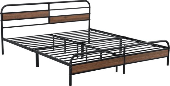 Metalen Bed Rhett - Bedframe - Zwart - Walnootkleurig - 180x200 cm