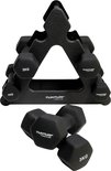 Zwart Tunturi halterrek met 3 paar dumbbells, 1kg, 2kg, 3kg. Twee losse dumbbells ernaast.
