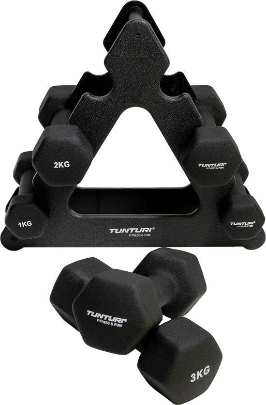 Zwart Tunturi halterrek met 3 paar dumbbells, 1kg, 2kg, 3kg. Twee losse dumbbells ernaast.