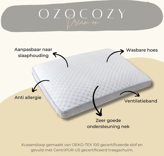 Ozocozy Dream on - Hoofdkussen - 60 x 70 cm - Memory Foam - Traagschuim Hoofdkussen - Geschikt voor rug-, zij- en buikslapers - Verkoelende Technologie - Vulbaar