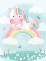 Fotobehang - Vlies Behang - Unicorn op de Regenboog in de Wolken - 206 x 275 cm