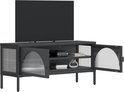 Meuble TV noir avec portes ouvertes, TV et espace de rangement avec livres et décoration.