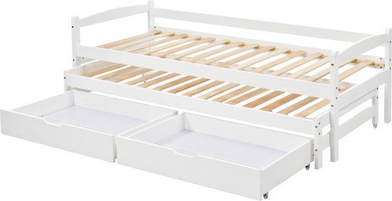 Merax Uitschuifbaar Bed met Opbergruimte - Twee Eenpersoonsbedden - Lades met Zwenkwielen - Wit