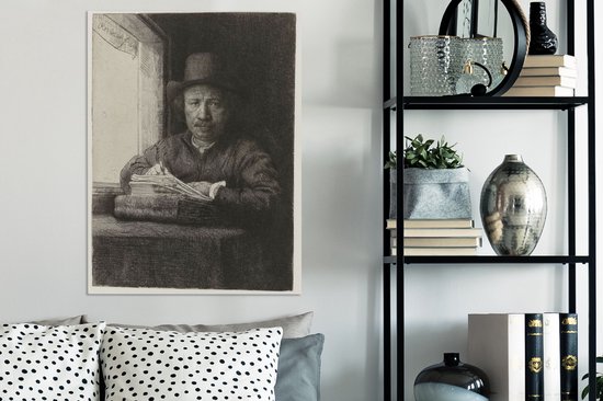 Autoportrait de Rembrandt eau-forte à une fenêtre - Peinture de Rembrandt van Rijn sur toile 60x80 cm - Tirage photo sur toile (Décoration murale salon / chambre)