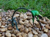 Tuinbeeld - bronzen beeld - Gekleurde kikker aan twijg / groen - Bronzartes - 13 cm hoog