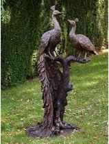 Tuinbeeld - bronzen beeld - 2 Pauwen op boomstronk - 161 cm hoog