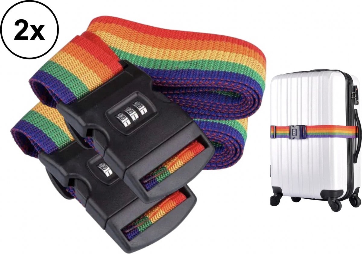 2x PD® - Kofferriem met cijferslot - Kofferspanband - Bagagespanband - bagageriem - Spanband met cijferslot - regenboog - Kofferbeveiliging - Universeel - Verstelbaar