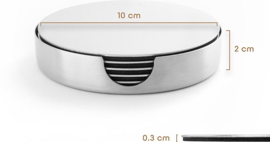 RVS onderzetterhouder met zes ronde onderzetters, maatindicatie 10 cm breed, 2 cm hoog, 0.3 cm dik.