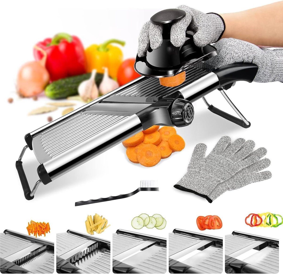 Mandoline Groenteschaaf roestvrij staal V-lemmet groentesnijder verstelbaar komkommerschaaf keukenschaaf snijbestendige handschoenen