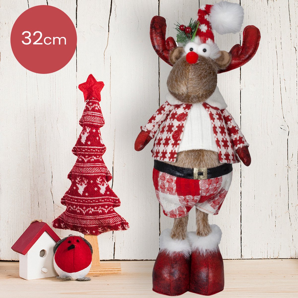 Handgemaakt staand Rendier-mannetje met open jas en rood/wit geblokte broek - 32(40)cm