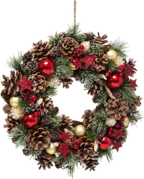 Feeric Christmas Kerstkrans/deurkrans - met kerstversiering - D35 x 8 cm - dennenappels