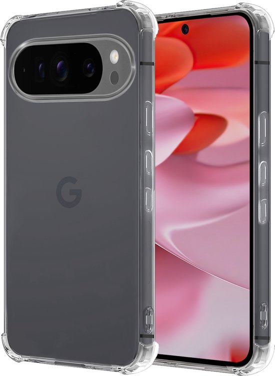 Un smartphone à dos gris foncé, placé dans un étui transparent et antichoc. L'étui a des coins renforcés.