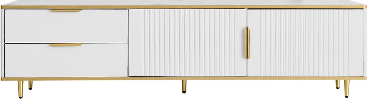 Merax TV-Meubel met Gesneden Textuur en Gouden Accenten - Laag Dressoir met Marmerlook en 2 Opberglades - Geschikt voor TV’s tot 75 inch - 175 cm Breed