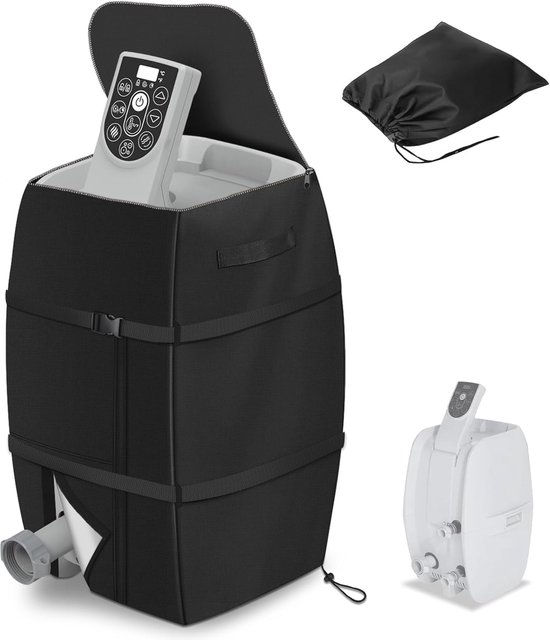 Zwarte spa pompcover, met bedieningspaneel zichtbaar, inclusief opbergzak.