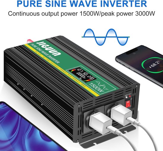 JIGUUN 3000W Omvormer 12V 230V Zuivere sinus Converter inverte met 2 EU stopcontacten & 3 USB Tycp-C poorten, afneembare afstandsbediening en LCD display Piekvermogen 9000W
