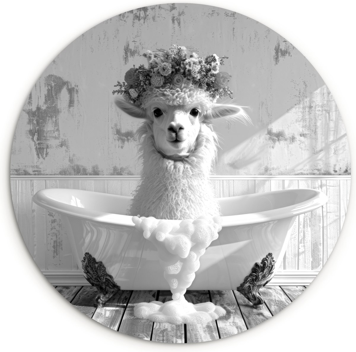 WallCircle Wandcirkel 120x120 cm - Muurcirkel Alpaca - Bloemen - Dieren - Bad - Zwart Wit - Badkamer - Muurdecoratie cirkel woonkamer - Wanddecoratie slaapkamer - Kamer decoratie accessoires - Ronde schilderijen binnen - Muuraccessoires Alpaca - Badkuip