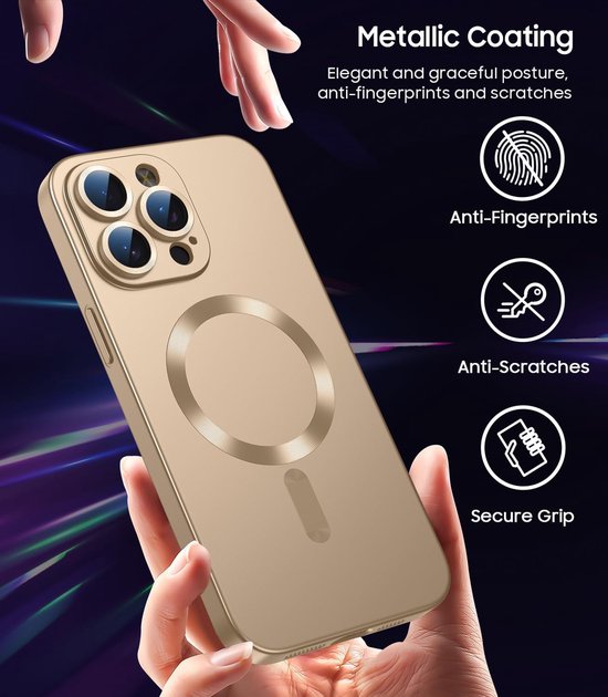 Gouden telefoonhoes voor iPhone 16 Pro Max met anti-vingerafdruk en anti-kras metallic coating.