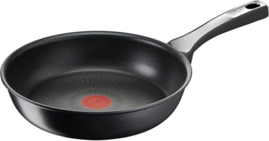 Zwarte koekenpan met rode Thermo-Spot in het midden en een zilverkleurig handvat.