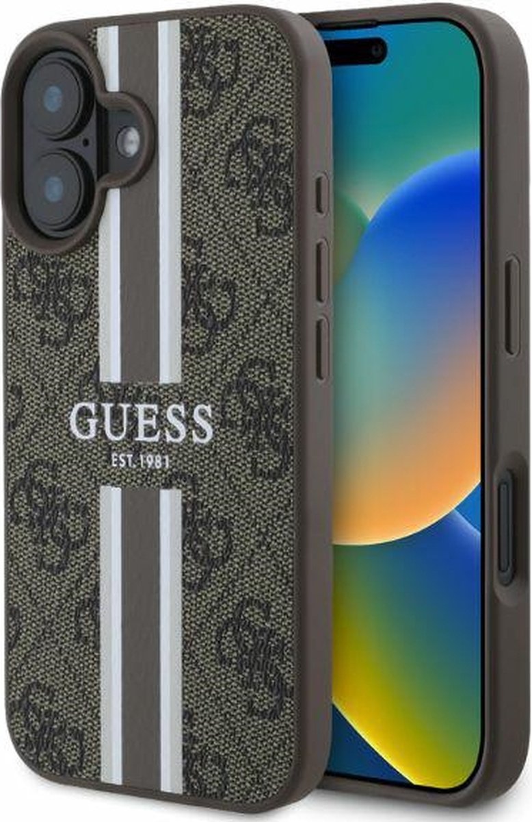 Guess 4G Printed Stripes Hard Case Back Cover hoesje met MagSafe voor Apple iPhone 16 - Bruin