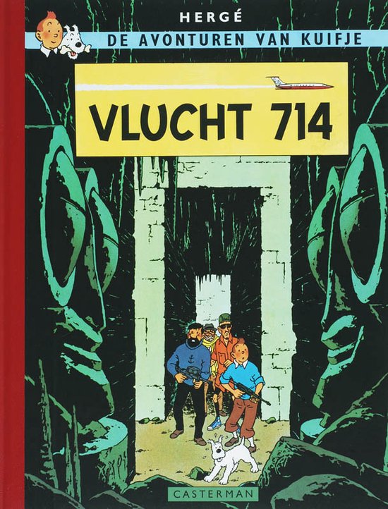 Kuifje in Vlucht 714: Kuifje en zijn vrienden staan voor een ruïne met gigantische beelden.