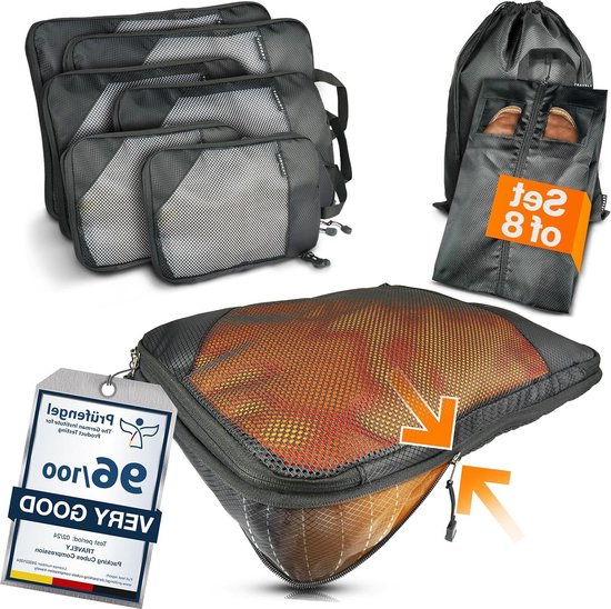 Foto: 8 delige set packing cubes compression incl schoenentas en waszak verpakkingskubus als koffer of rugzak organizer reizen pakzak compressiezak