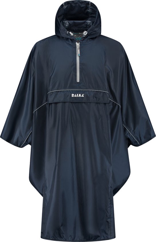 Donkerblauwe Ralka regenponcho met capuchon, ritssluiting en reflecterende biezen.