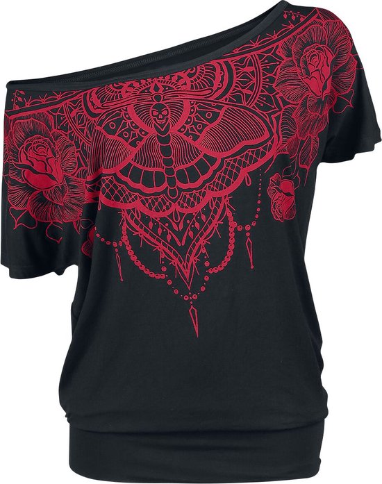 Black Premium by EMP Zwart loshangend T-shirt met rode opdruk - Dames - 5XL