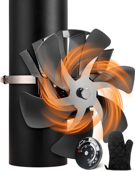 Vulpes Goods® Tech - Kachelventilator voor Houtkachel - Haardventilator - Ecofan - Warmte Ventilator - 6 Bladen - Incl. Thermometer, Stofdoek & Handschoen - PRO versie