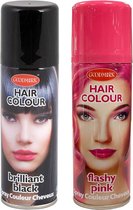 Set van 2x kleuren haarverf/haarspray van 125 ml - Zwart en Roze - Carnaval verkleed spullen