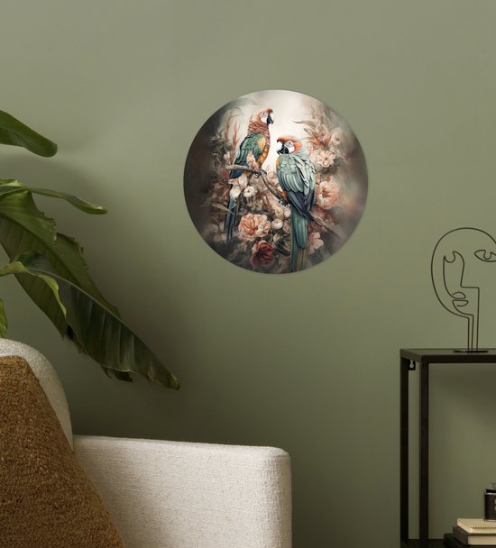 WallCircle - Stickers muraux - Cercle Papier Peint - Perroquets - Vogels - Nature - Fleurs - 30x30 cm - Cercle Mural - Auto Adhésif - Autocollant Rond Papier Peint