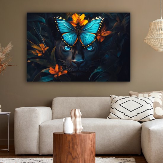 Peinture sur toile 120x80 cm - Décoration murale Panthère - Papillon - Blauw - Fleurs - Nature - Décoration murale murale salon - Décoration chambre - Accessoires de chambre - Peintures