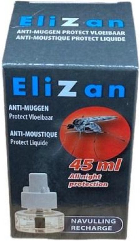 Elizan navulling, 45 ml, anti-muggen vloeibaar, met afbeelding van een mug.