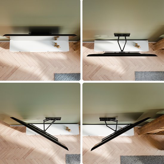 Vier afbeeldingen die de bewegingsmogelijkheden van een TV muurbeugel tonen: ingetrokken, uitgeschoven, gedraaid en gekanteld.