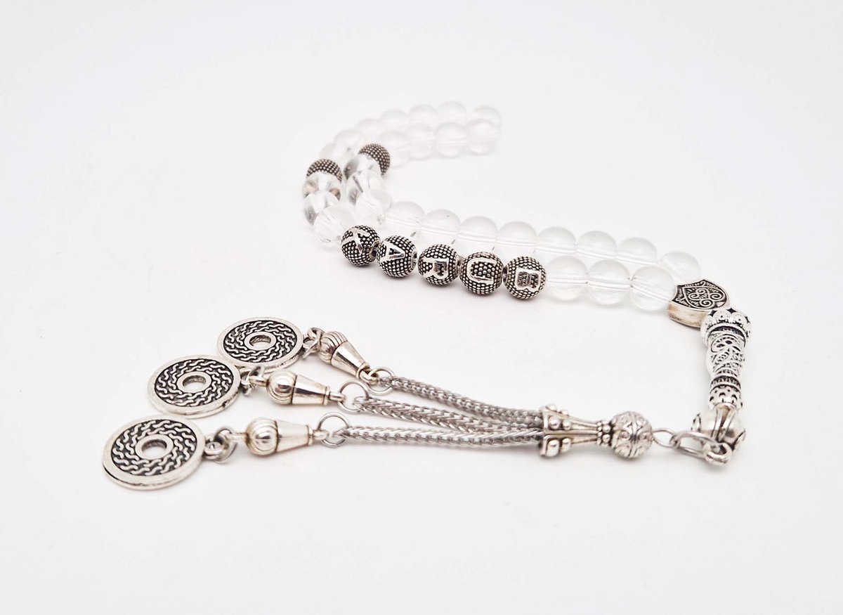 Handgemaakte naam tasbih 33 Kralen Natuursteen “Bergkristal ” - met metaal tassel “Omarmen"- Met je naam of de naam van uw geliefde- 8 mm diameter van de korrel