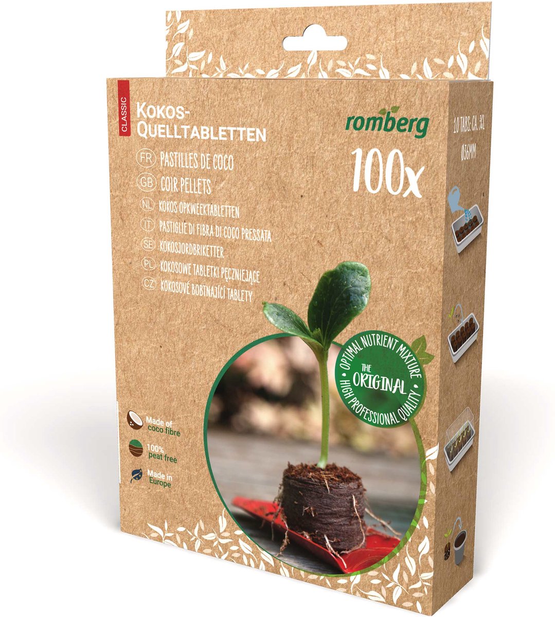 Romberg kokoszweltabletten voor plantenvermeerdering - 100 stuks, Ø 36mm vermeerderingssubstraat met lichte startmeststof, perfect voor kruiden, bloemen & groenten