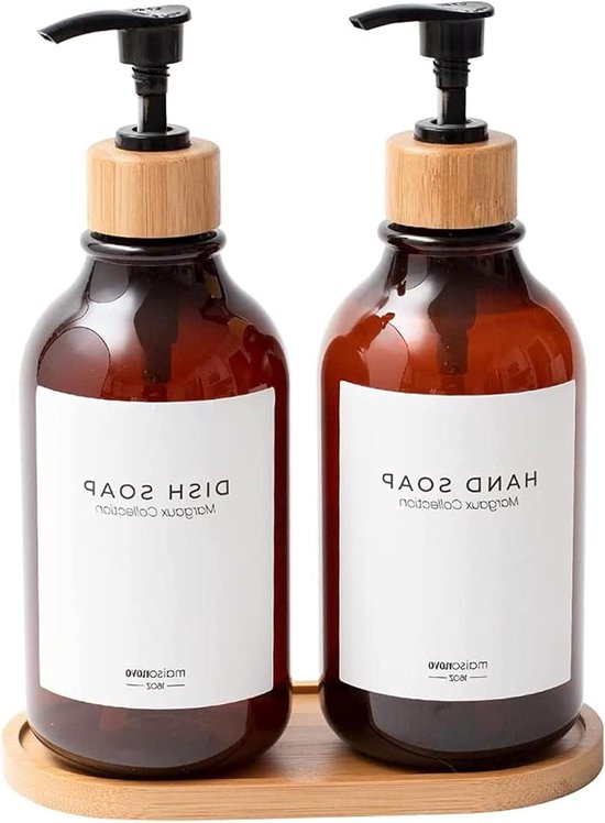 Set van 2 glazen zeepdispensers, mat zwart, set met dienblad, 500 ml zeepdispenser, afwasmiddeldispenser, shampooflessen om te vullen, handzeepdispenser voor keuken, badkamer en douche