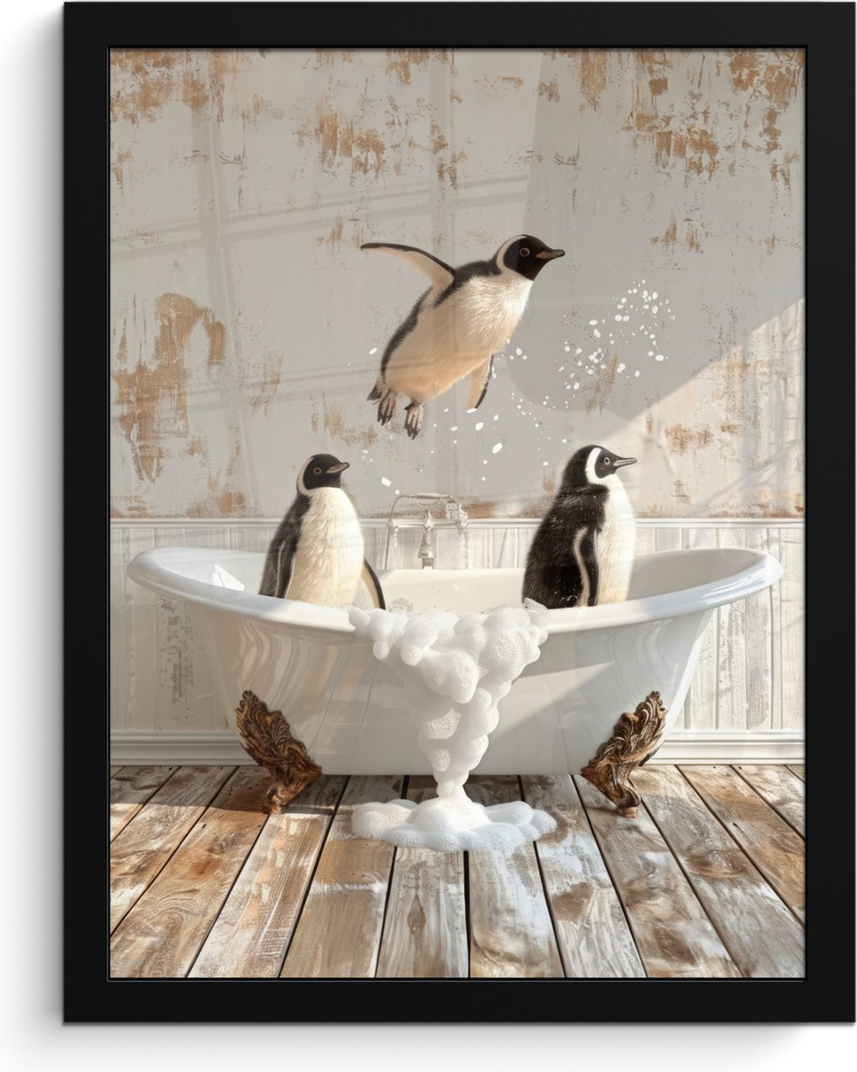 FrameYourWall Poster in lijst - Fotolijst 30x40 cm - Posters - Vintage - Pinguïn - Badkuip - Schuim - Posterlijst zwart - Wanddecoratie badkamer - Muurdecoratie WC - Decoratieve accessoires - Toilet muur decoratie Pinguïns - Badkuip