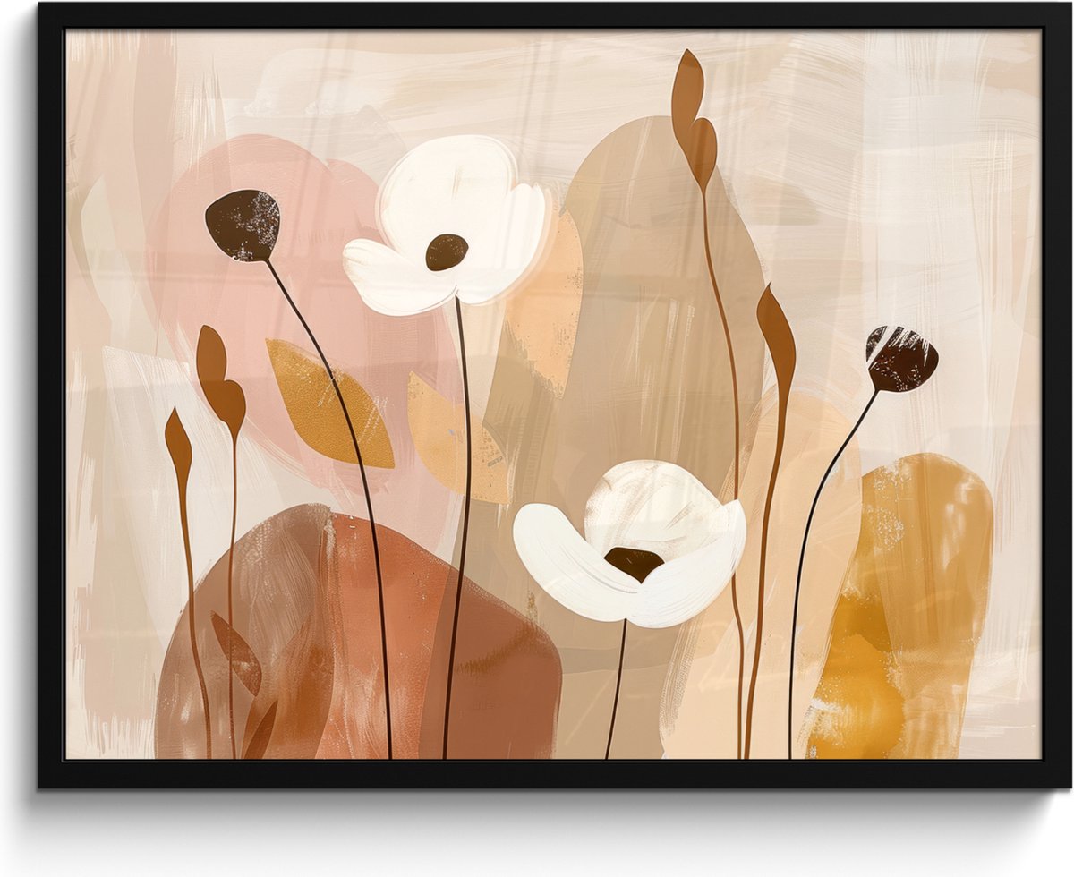 FrameYourWall Poster in lijst - Fotolijst 80x60 cm - Posters - Bloemen - Abstract - Beige - Line art - Posterlijst zwart - Decoratie - Wanddecoratie woonkamer - Muurdecoratie slaapkamer