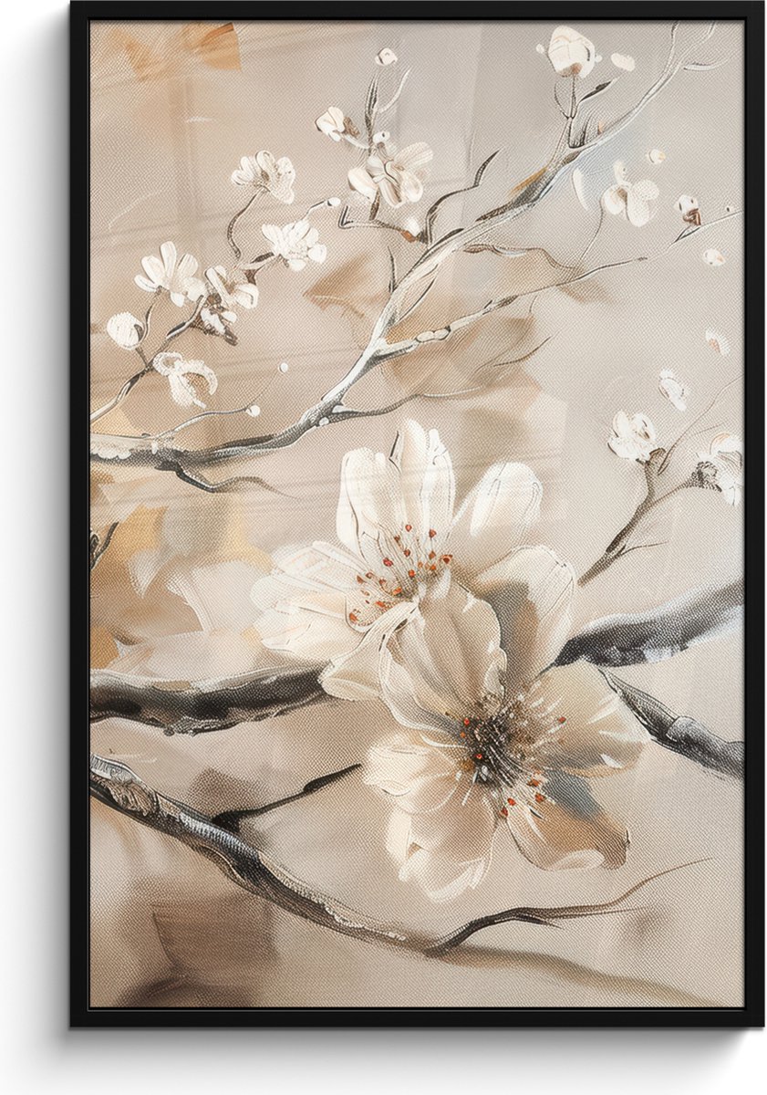 FrameYourWall Poster in lijst - Fotolijst 80x120 cm - Posters - Bloemen - Natuur - Wit - Bloesem - Abstract - Posterlijst zwart - Decoratie - Wanddecoratie woonkamer - Muurdecoratie slaapkamer