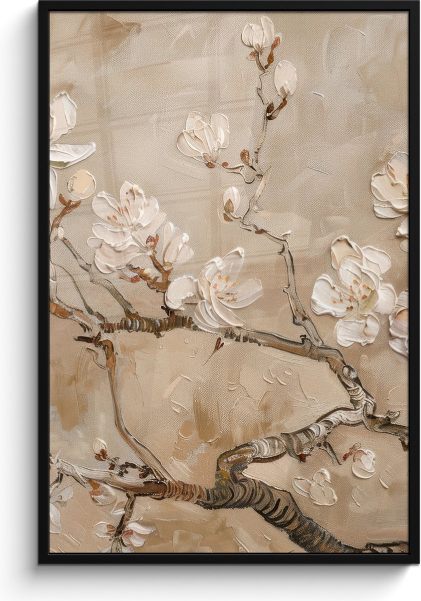FrameYourWall Poster in lijst - Fotolijst 80x120 cm - Posters - Bloemen - Modern - Beige - Wit - Bloesem - Posterlijst zwart - Decoratie - Wanddecoratie woonkamer - Muurdecoratie slaapkamer