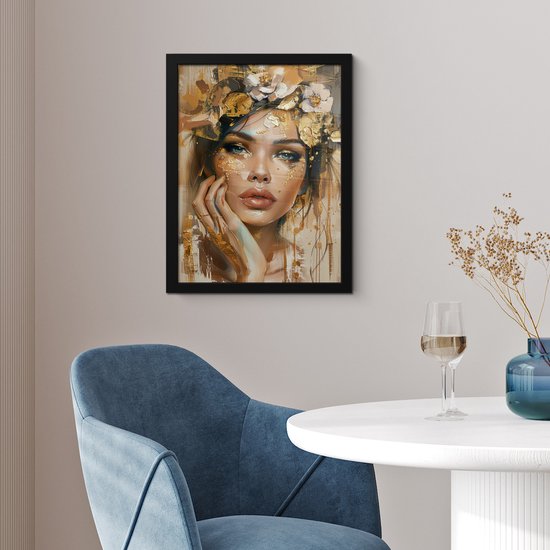 Affiche sous cadre - Cadre photo 30x40 cm - Posters - Femme - Fleurs - Or - Portrait - Cadre affiche noir - Décoration - Décoration Décoration murale salon - Décoration murale chambre