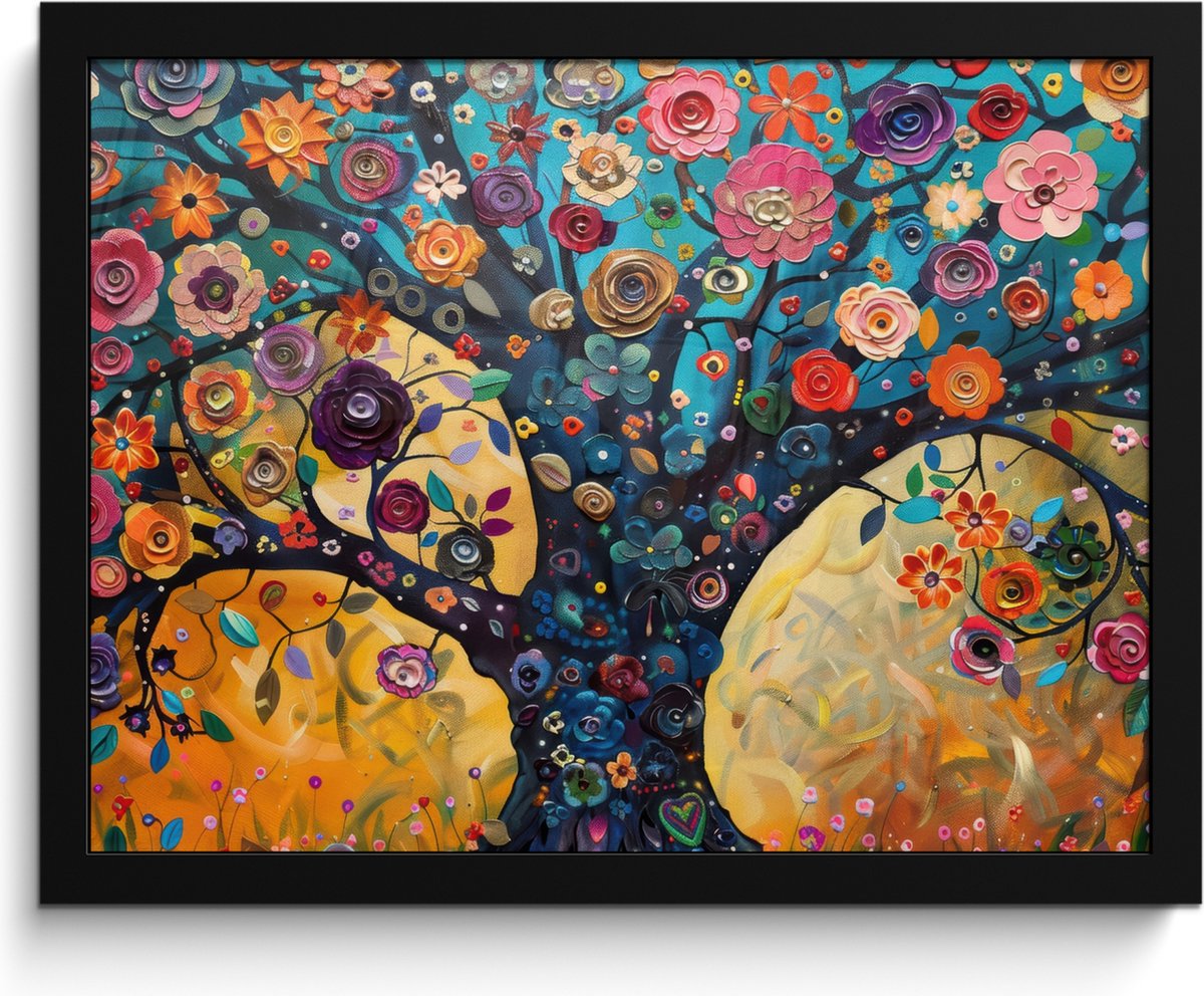 FrameYourWall Poster in lijst - Fotolijst 40x30 cm - Posters - Boom - Levensboom - Kleurrijk - Bloemen - Modern - Posterlijst zwart - Decoratie - Wanddecoratie woonkamer - Muurdecoratie slaapkamer