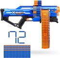 Blauwe en oranje speelgoedblaster XSHOT Insanity met rond magazijn en 72 losse pijltjes.